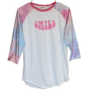 LuLaRoe Women Randy SMILE TShirt S Graphic Novelty Pink Blue Tye Dye Hi…